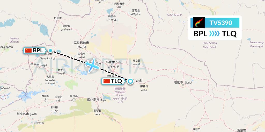 TV5390 Tibet Airlines Flight Map: Bole to Turpan