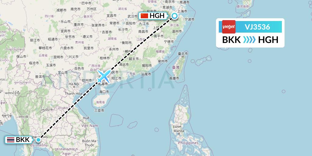 VJ3536 VietJet Air Flight Map: Bangkok to Hangzhou