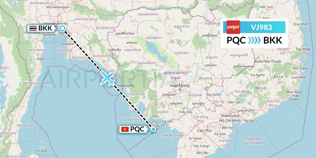 VJ983 VietJet Air Flight Map: Phu Quoc to Bangkok