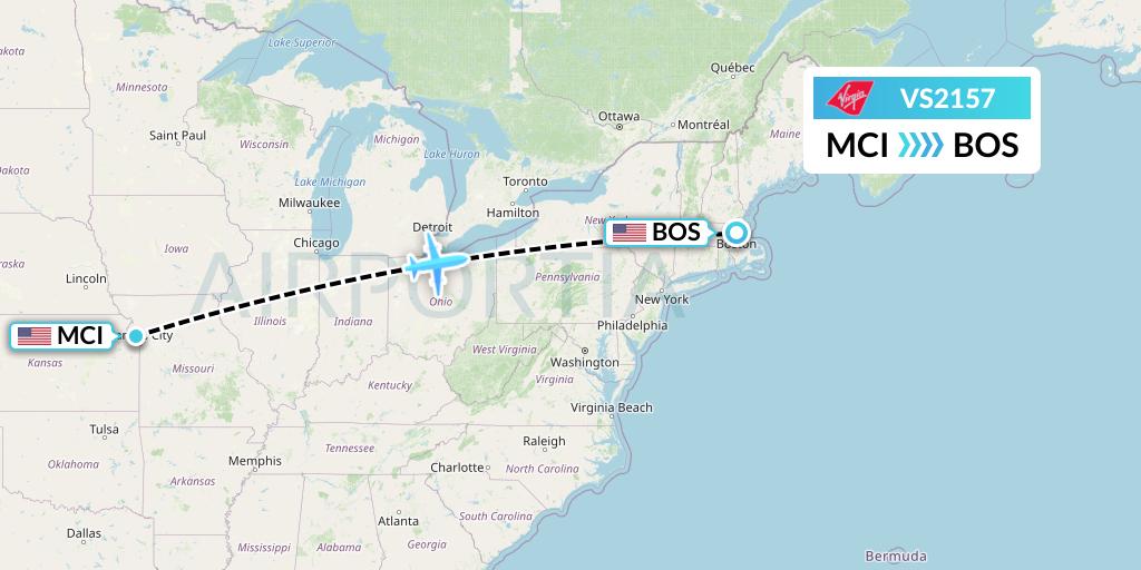VS2157 Virgin Atlantic Airways Flight Map: Kansas City to Boston