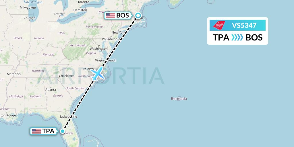 VS5347 Virgin Atlantic Airways Flight Map: Tampa to Boston