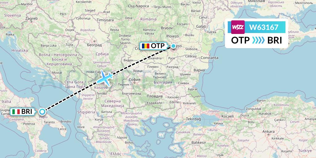 W63167 Wizz Air Flight Map: Bucharest to Bari