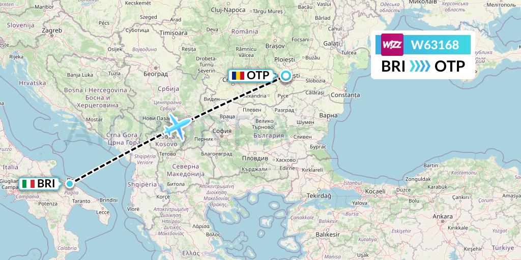 W63168 Wizz Air Flight Map: Bari to Bucharest