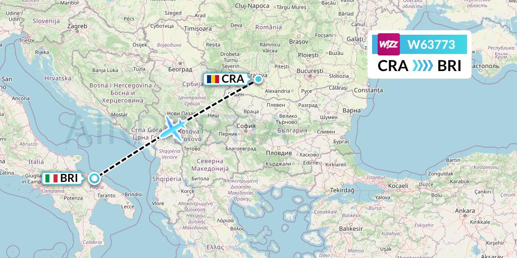 W63773 Wizz Air Flight Map: Craiova to Bari