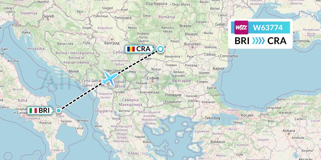 W63774 Wizz Air Flight Map: Bari to Craiova
