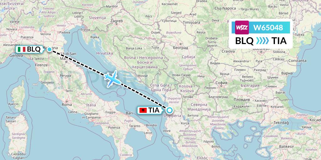W65048 Wizz Air Flight Map: Bologna to Tirana