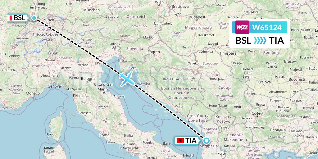 W65124 Wizz Air Flight Map: Basel to Tirana