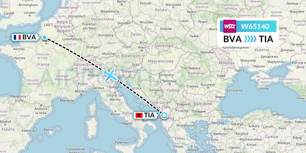 W65140 Wizz Air Flight Map: Paris to Tirana