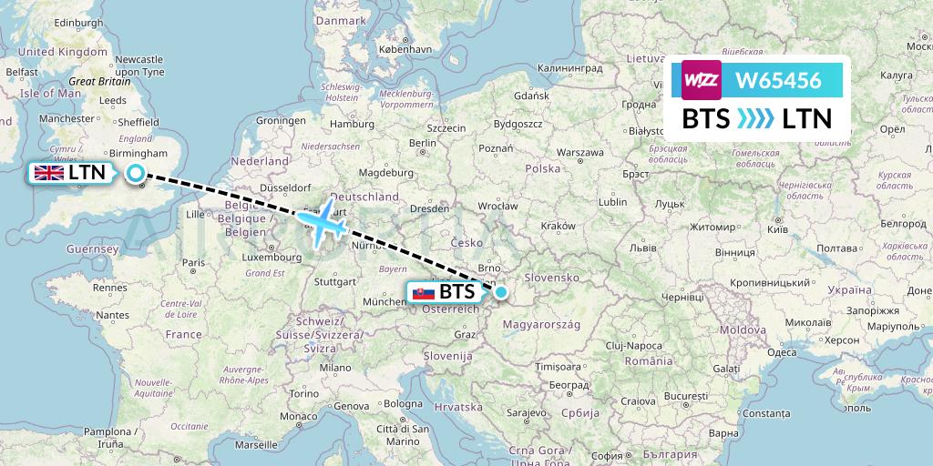 W65456 Wizz Air Flight Map: Bratislava to London