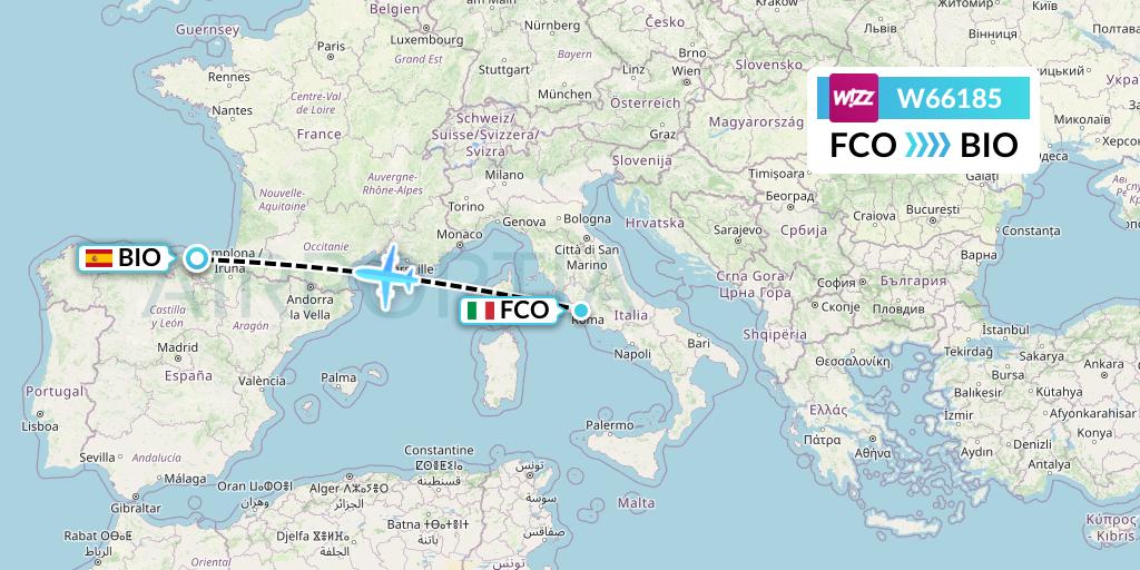 W66185 Wizz Air Flight Map: Rome to Bilbao