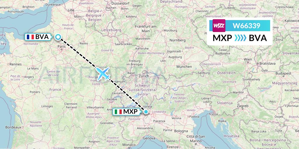 W66339 Wizz Air Flight Map: Milan to Paris
