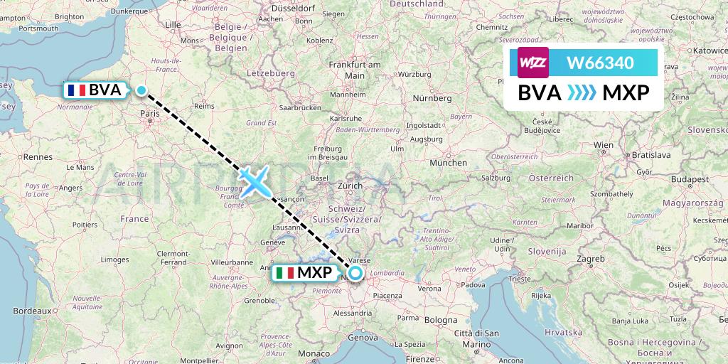 W66340 Wizz Air Flight Map: Paris to Milan