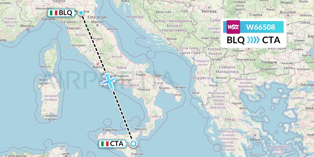 W66508 Wizz Air Flight Map: Bologna to Catania
