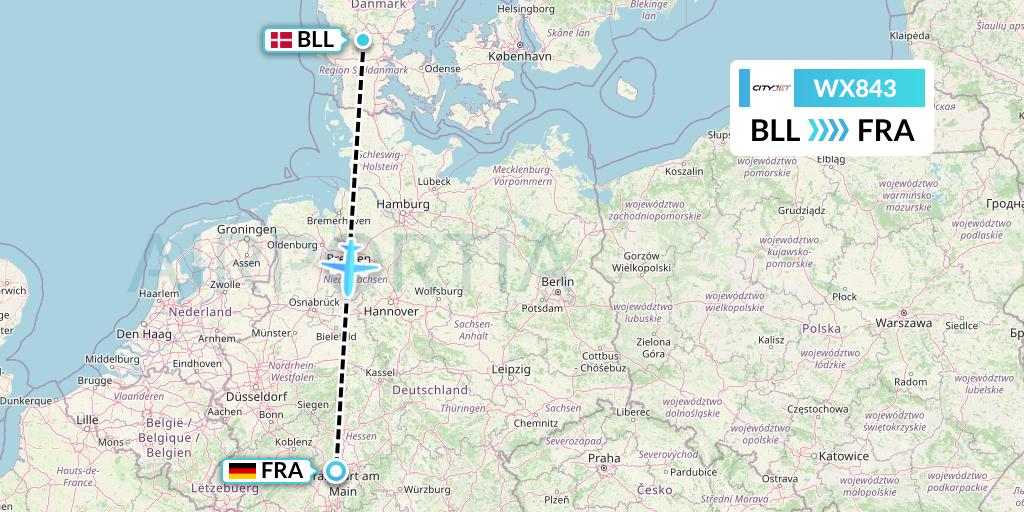WX843 Cityjet Flight Map: Billund to Frankfurt