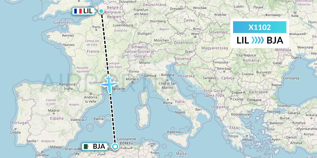 X1102 Nik Airways Flight Map: Lille to Bejaia