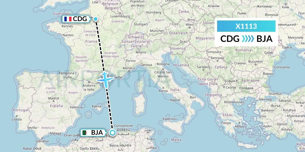 X1113 Nik Airways Flight Map: Paris to Bejaia