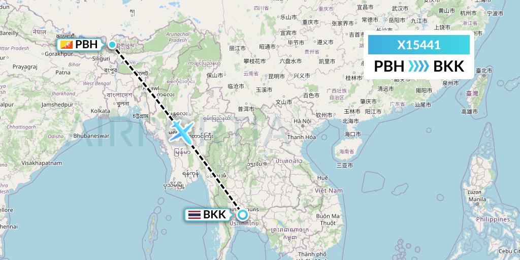 X15441 Nik Airways Flight Map: Paro to Bangkok