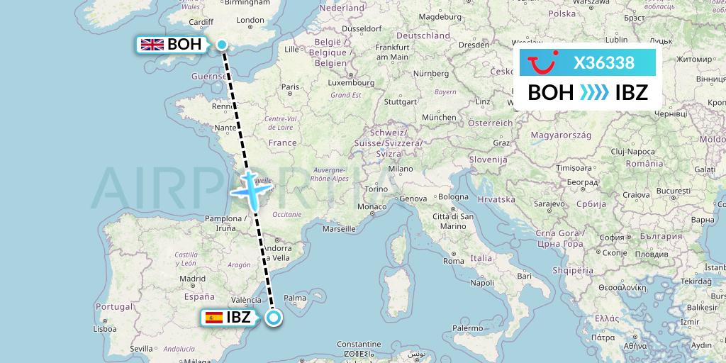 X36338 TUI fly Germany Flight Map: Bournemouth to Ibiza