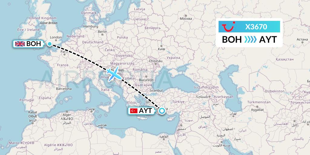 X3670 TUI fly Germany Flight Map: Bournemouth to Antalya
