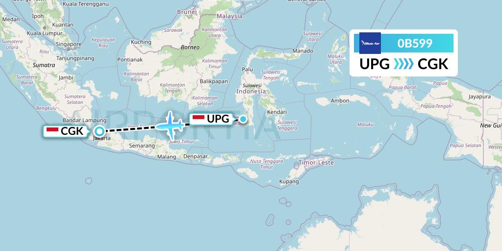 0B599 Blue Air Flight Map: Makassar to Jakarta
