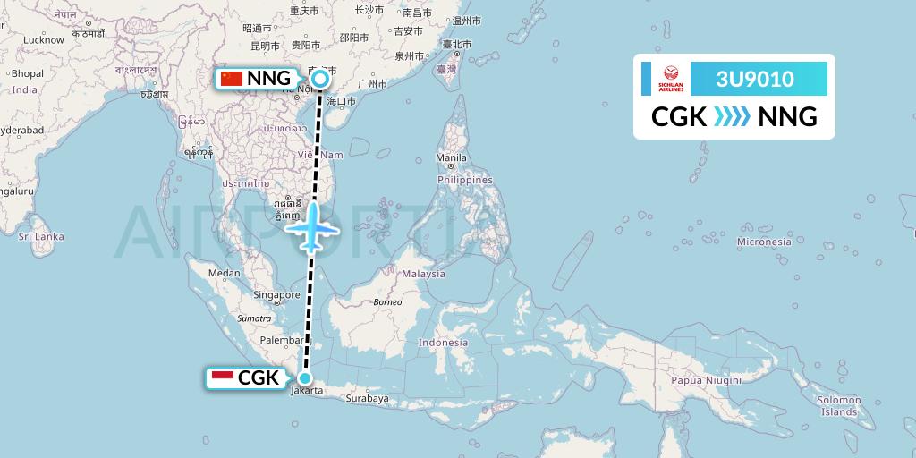 3U9010 Sichuan Airlines Flight Map: Jakarta to Nanning