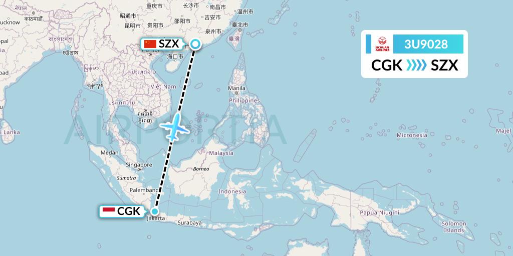3U9028 Sichuan Airlines Flight Map: Jakarta to Shenzhen
