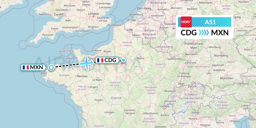 A51 HOP! Flight Map: Paris to Morlaix-Ploujean