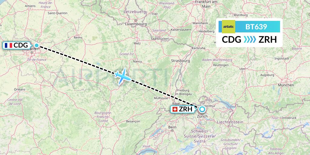 BT639 Air Baltic Flight Map: Paris to Zurich