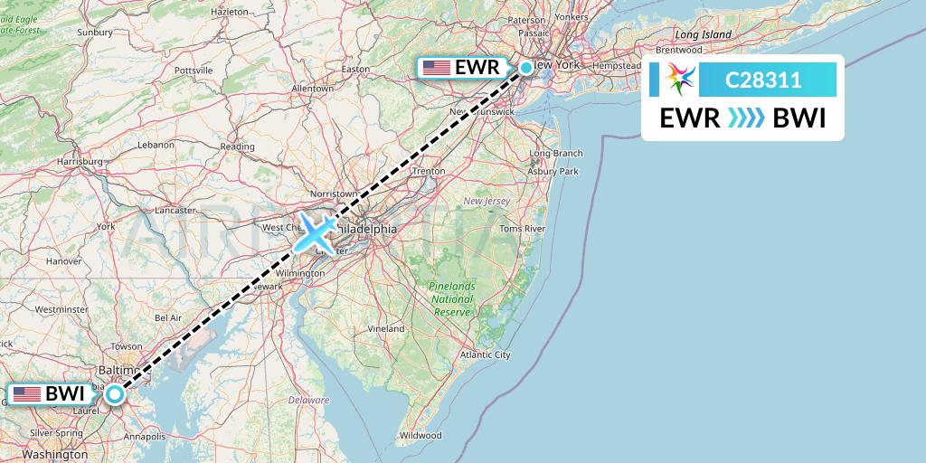 C28311 Ceiba Intercontinental Flight Map: New York to Baltimore