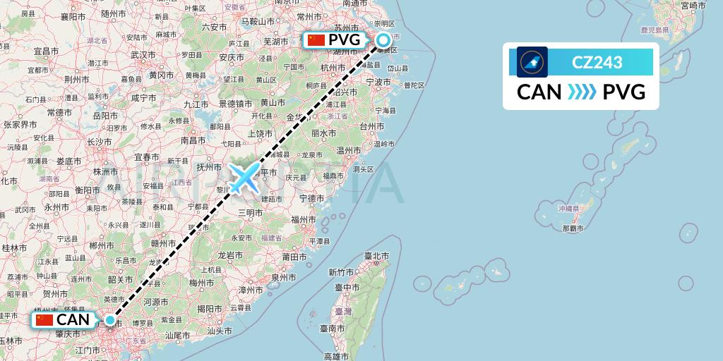 CZ243 China Southern Airlines Flight Map: Guangzhou to Shanghai