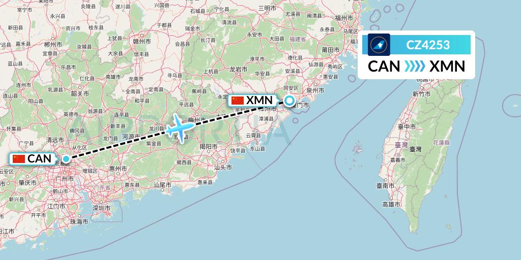 CZ4253 China Southern Airlines Flight Map: Guangzhou to Xiamen