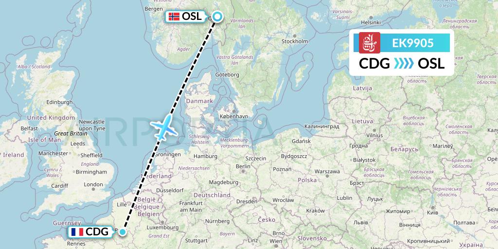 EK9905 Emirates Flight Map: Paris to Oslo