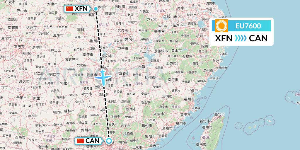 EU7600 Chengdu Airlines Flight Map: Xiangyang to Guangzhou