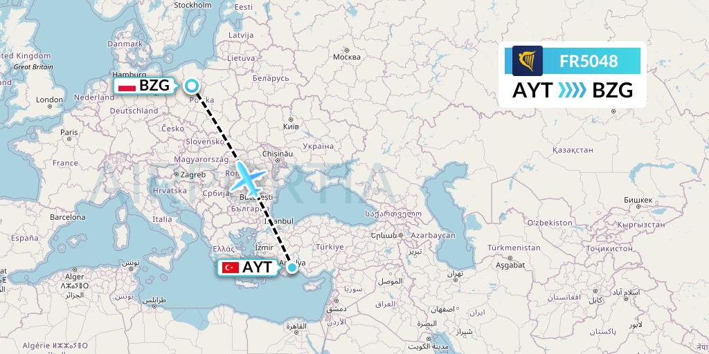 FR5048 Ryanair Flight Map: Antalya to Bydgoszcz