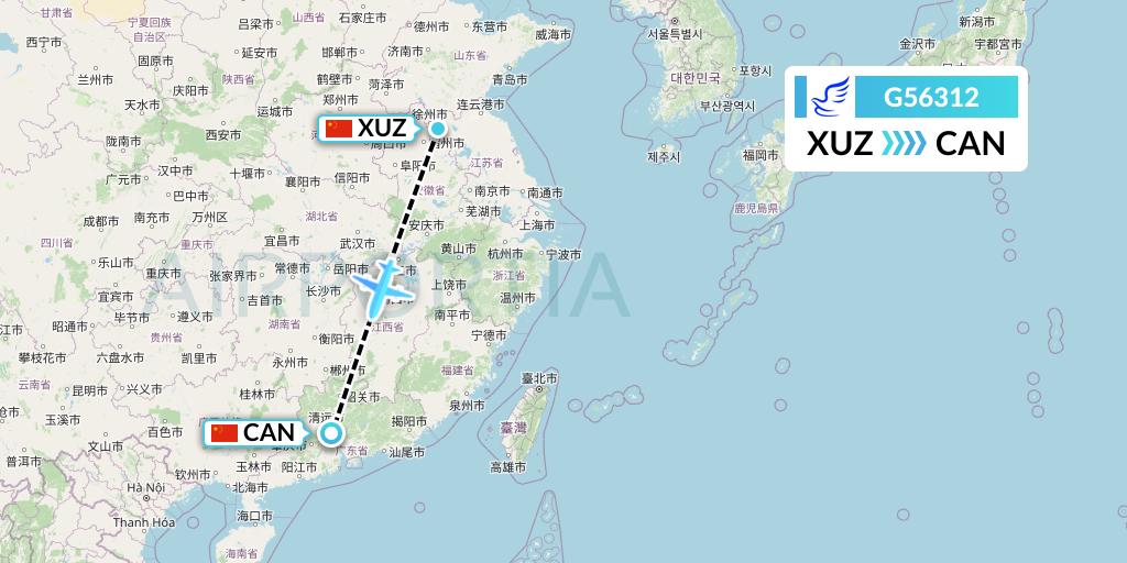 G56312 China Express Airlines Flight Map: Xuzhou to Guangzhou
