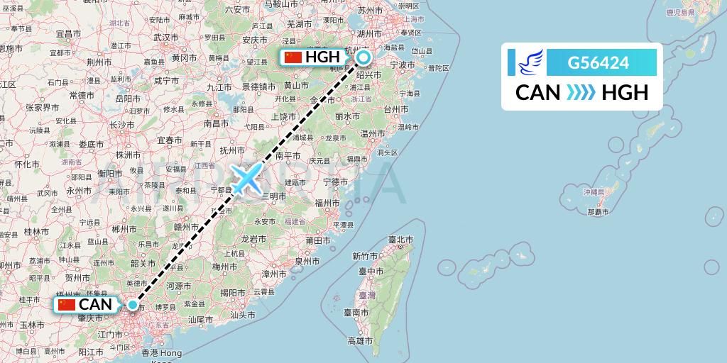 G56424 China Express Airlines Flight Map: Guangzhou to Hangzhou