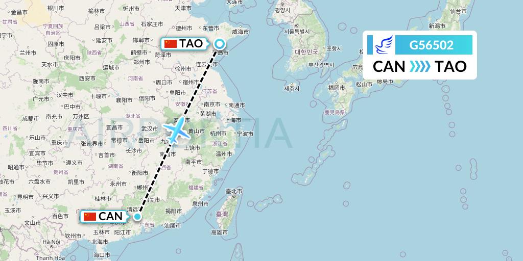 G56502 China Express Airlines Flight Map: Guangzhou to Qingdao