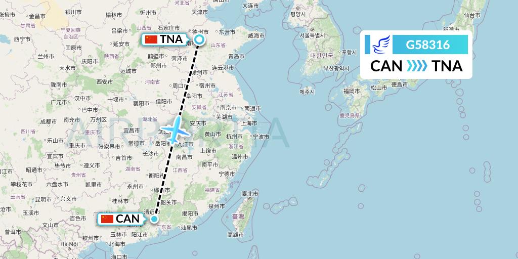 G58316 China Express Airlines Flight Map: Guangzhou to Jinan