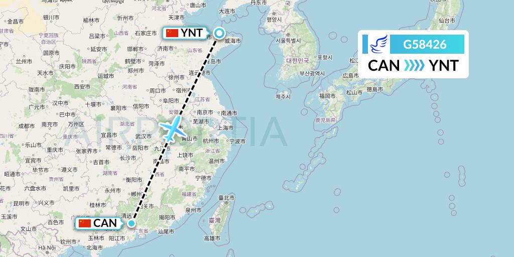 G58426 China Express Airlines Flight Map: Guangzhou to Yantai