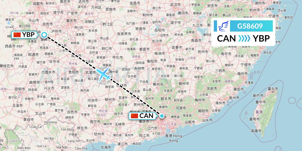 G58609 China Express Airlines Flight Map: Guangzhou to Yibin