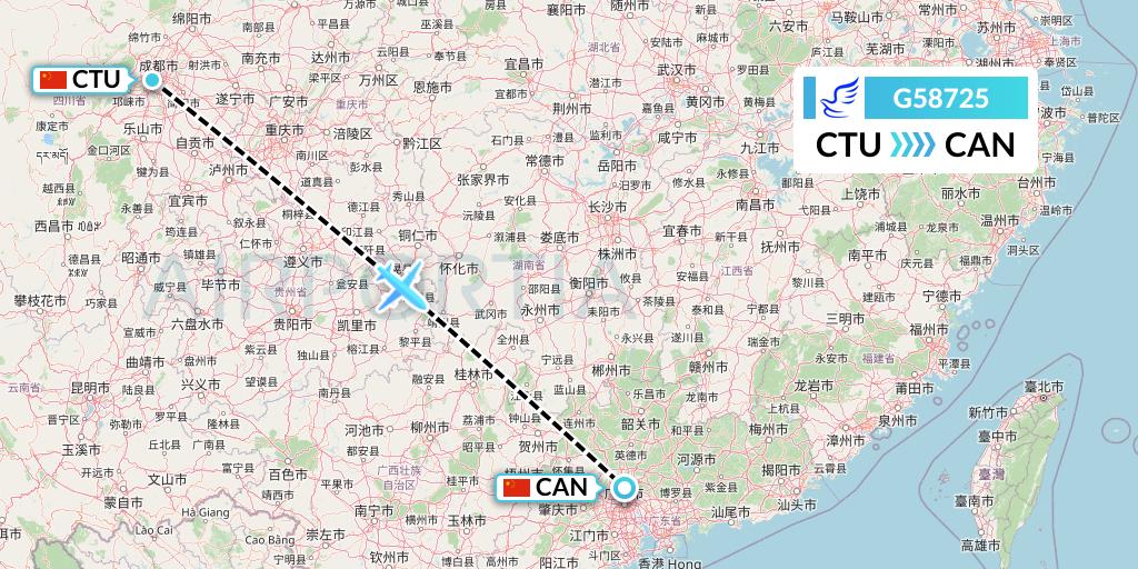 G58725 China Express Airlines Flight Map: Chengdu to Guangzhou