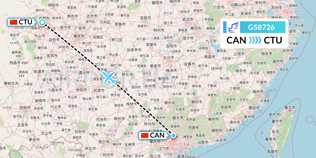 G58726 China Express Airlines Flight Map: Guangzhou to Chengdu