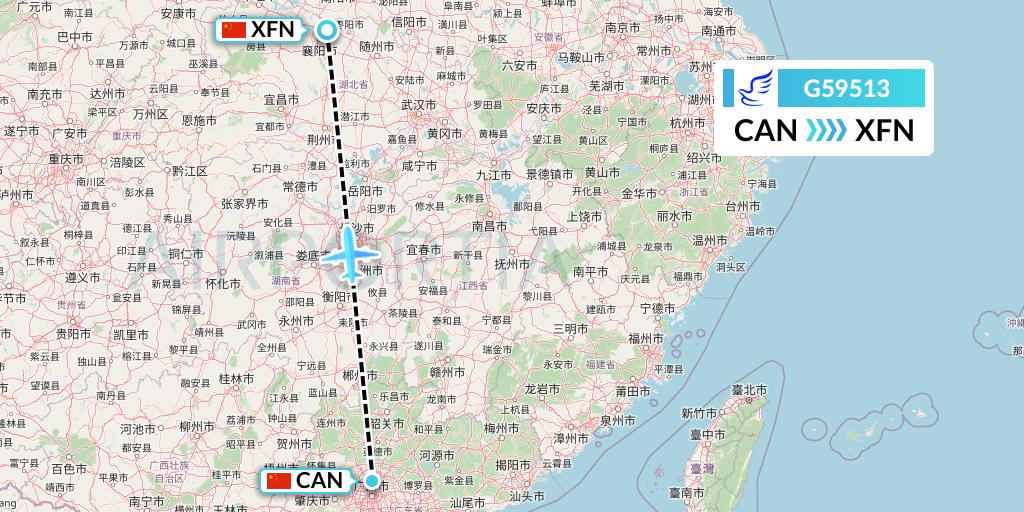 G59513 China Express Airlines Flight Map: Guangzhou to Xiangyang