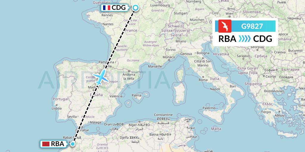 G9827 Air Arabia Flight Map: Rabat to Paris