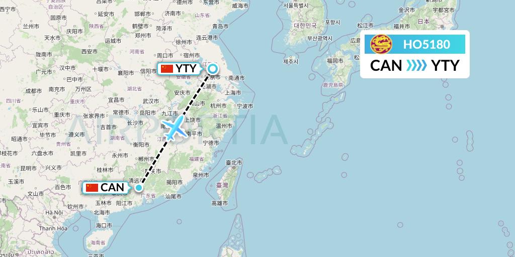 HO5180 Juneyao Airlines Flight Map: Guangzhou to Yangzhou
