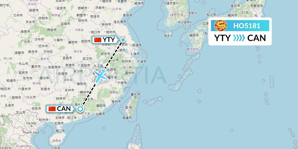 HO5181 Juneyao Airlines Flight Map: Yangzhou to Guangzhou
