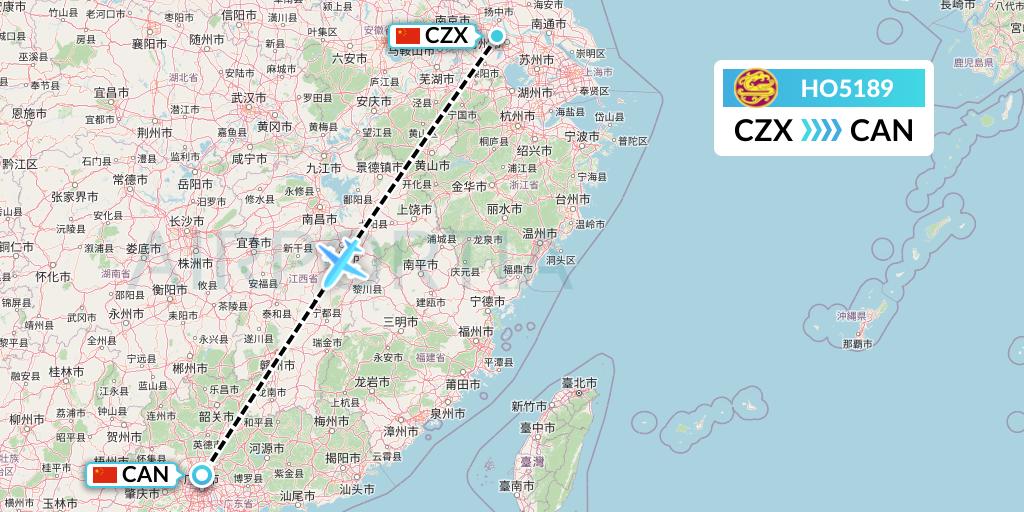 HO5189 Juneyao Airlines Flight Map: Changzhou to Guangzhou