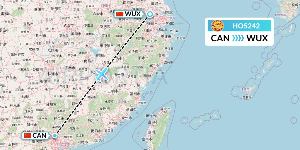 HO5242 Juneyao Airlines Flight Map: Guangzhou to Wuxi