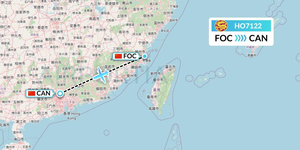 HO7122 Juneyao Airlines Flight Map: Fuzhou to Guangzhou
