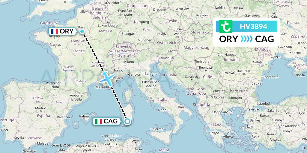 HV3894 Transavia Flight Map: Paris to Cagliari